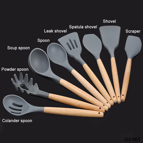 Conjunto de utensílios de cozinha de silicone World, utensílios de silicone com madeira