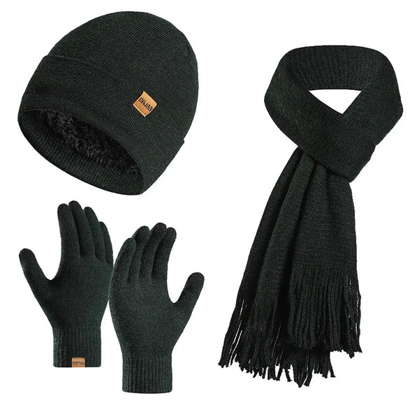 Conjunto de gorro de malha felpuda da moda, cachecol e luvas para homens e mulheres.