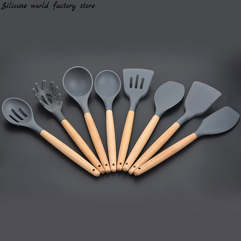Conjunto de utensílios de cozinha de silicone World, utensílios de silicone com madeira